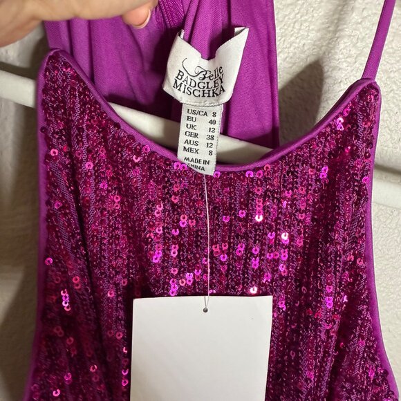 Belle Badgley Mischka Isabella Sequin Dress Size 8 Fuchsia Pink Mock Neck New - Picture 7 of 8